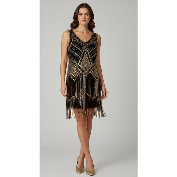 Black & Gold Beaded Fringe Dress Great Gatsby Flapper Costume Sz L - Picture 1 of 5